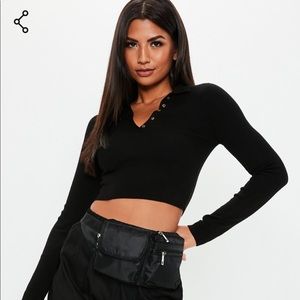 black collared button knitted crop top